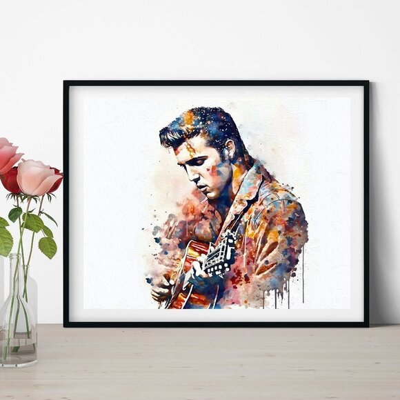 Elvis Presley Playing Guitar Watercolor Oil Painting Print‎ King of Rock n' Roll - Picture 5 of 6